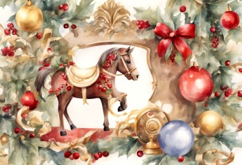 Wall Mural - baby holly flower horse trumpet flowers olated new christmas elements golden bell nice berries set berry gold watercolor rockinghorse