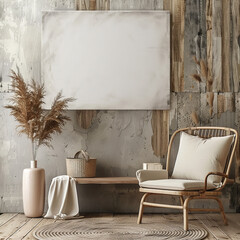 Canvas mockup in a minimalist interior featuring an armchair and rustic decor. 3D rendering.