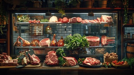 Composition of meat in the butcher shop in the display cabinet