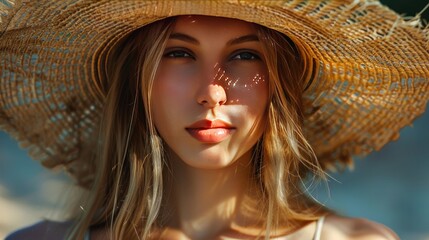 Wall Mural - A young woman wears a straw hat to conceal her face. This is a typical summertime holiday outfit.