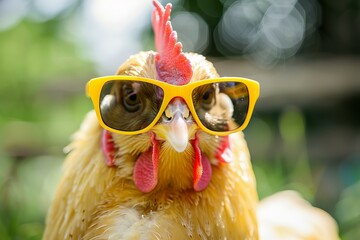 Wall Mural - Buff orpington hen wearing yellow sunglasses enjoying the summer sun