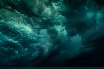 Wall Mural - black dark greenish blue dramatic night sky gloomy ominous storm rain clouds background cloudy thunderstorm hurricane wind lightning epic fantasy mystic or creepy spooky nightmare horror concept