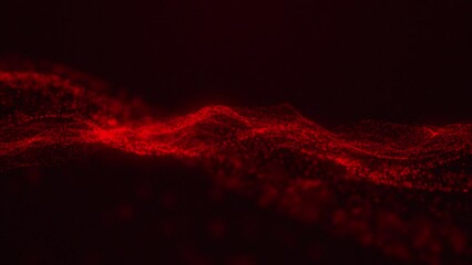 Poster - Digital waves of red particles create magical ripples. Virtual reality cyberspace. Creative soft bokeh, abstract noise background. Seamless loop