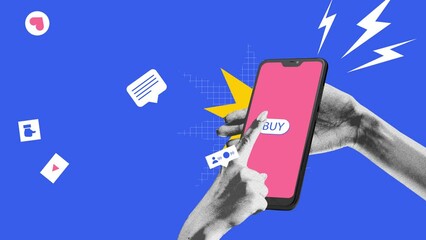 Wall Mural - Promotion of online stores for online shopping. Communication with customers for company growth. Hands tapping on phone screen. Stop motion, animation. Digital marketing, online services, business