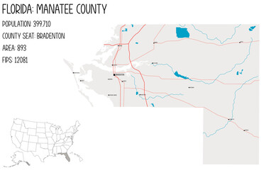  Large and detailed map of Manatee County in Florida, USA.