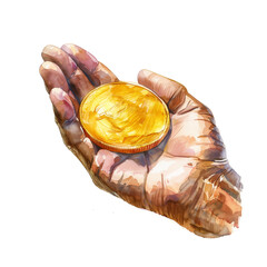 Wall Mural - hand holding golden coin watercolor digital painting good quality