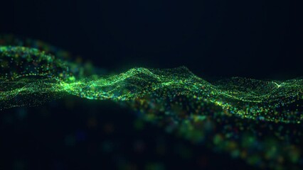 Poster - Abstract motion digital wave multicolor dots with glowing defocused particles background. Creative soft bokeh, abstract noise background. Seamless loop