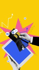 Wall Mural - Promotional targeting for social media page popularity. Spending money on ad and align analytical researches. Stop motion, animation. Concept of digital marketing, online services, business