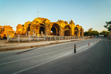 Wall Mural - Side ancient city. Photograph of the Vespasian fountain and entrance gate in the city in the Antalya region on Turkey's Mediterranean coast.