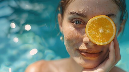 Wall Mural - portrait of a beautiful young woman with freckles smiling and holding an orange slice near her eye