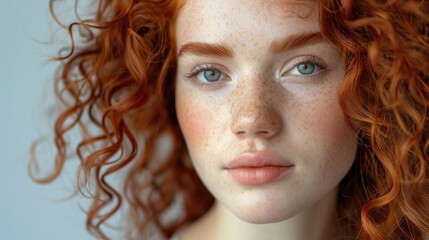 Wall Mural - Close up portrait of beautiful young woman with curly red hair