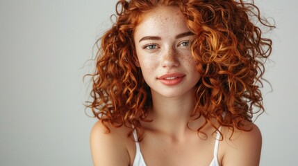 Wall Mural - Close up portrait of beautiful young woman with curly red hair