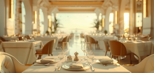 Elegant restaurant with beautiful sunset view, featuring neatly set tables and a serene ambiance perfect for fine dining experiences. Indulge in a serene and romantic atmosphere along the waterfront.