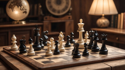 Poster - International chess day, a chessboard with various white and black chess pieces mid game, placed on an antique wooden table with background is slightly blurred