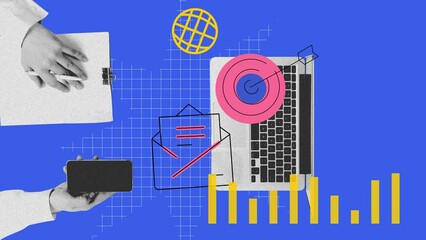 Wall Mural - Laptop, mobile phone and analytics. Visual aid for online courses teaching effective social media strategies. Stop motion, animation. Concept of digital marketing, online services, business