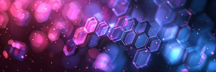 Poster - Abstract hexagonal background in vibrant purple and blue tones with glowing lights and bokeh effect.