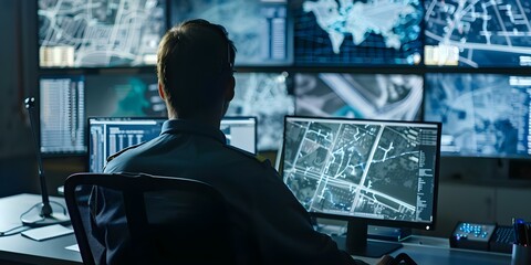 Wall Mural - IT specialist works on computers with digital screens maps and surveillance. Concept IT Specialist, Digital Screens, Maps, Surveillance, Computer Systems