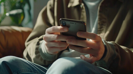 Wall Mural - Hands of man using online app on mobile phone. Millennial guy chatting on smartphone, using banking services, reading text message, typing, shopping, making call, browsing internet. Close up