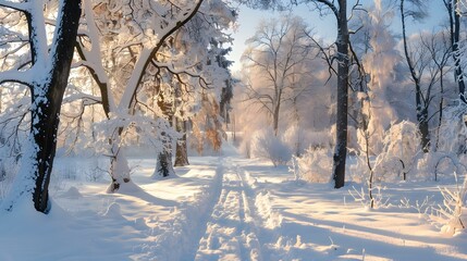 Wall Mural - A winter landscape among snow-covered trees when white img