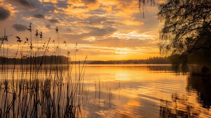 Canvas Print - The golden sky at sunset reflected image