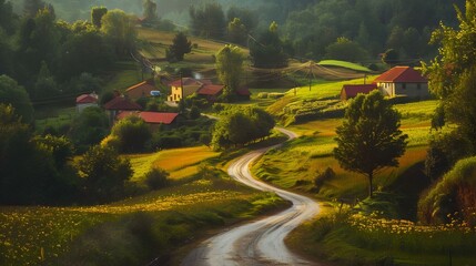 Wall Mural - The bends of rural roads surrounded by fields image