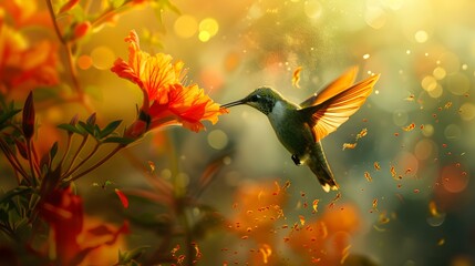 Wall Mural - A hummingbird collecting pollen from a bright orange picture