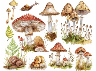 Wall Mural - watercolor forest mushroom clipart, detailed, white background