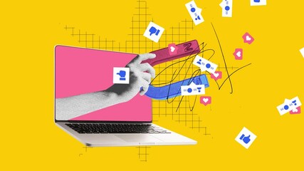 Wall Mural - Hand with magnet attracting social media icons from laptop screen. Stop motion, animation. Visual for influencer marketing platforms to attract content creators. Digital marketing, online services