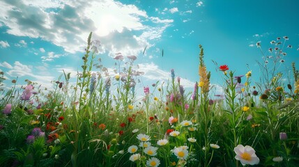 Wall Mural - A summer meadow covered with colorful wildflowers image