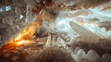 Wall Mural - Huge gypsum crystals in an underground cave illuminated