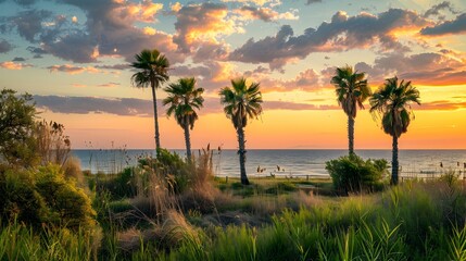 Canvas Print - Palm trees trees and reed beds are set picture