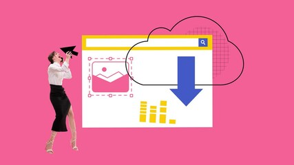 Wall Mural - Digital marketing analytics and strategy development. Young woman working with data security and analytics. Stop motion, animation. Concept of digital marketing, online services, business
