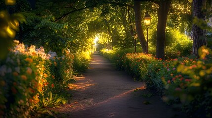 Wall Mural - A park with green trees and flowering bushes picture