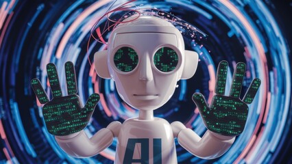 Poster - A robot with a green face and hands in front of it, AI