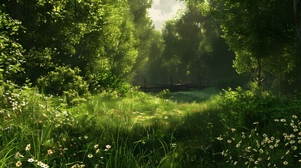 Wall Mural - A clearing with tall green grasses and wildflowers picture