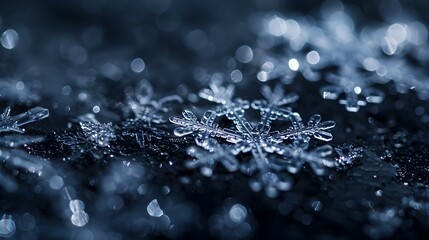 Poster - Transparent crystals of snowflakes lying on a dark picture