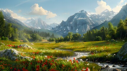 Sticker - A spacious valley with flowering fields and tall img