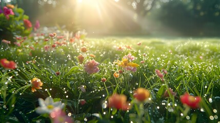 Wall Mural - Early morning on a green lawn covered picture