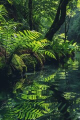 Wall Mural - A calm riverbank with lush moss and wild ferns growing along the edge. Clear, reflective water with overhanging branches.