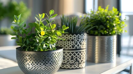 Wall Mural - Modern metal pots with geometric patterns filled