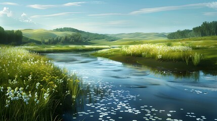 Poster - A quiet river meandering among green meadows image