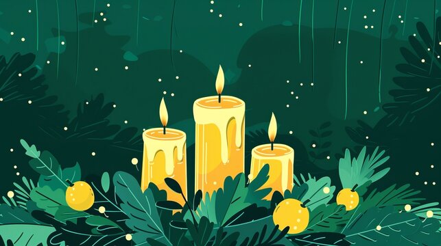 candle in a Christmas wreath on a green background.