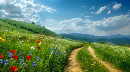 Wall Mural - The path meanders among the blooming wildflowers img