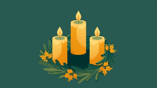 candle in a Christmas wreath on a green background.