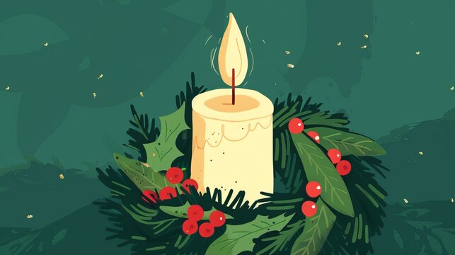 candle in a Christmas wreath on a green background.