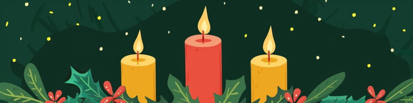 candle in a Christmas wreath on a green background.