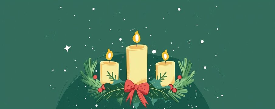 candle in a Christmas wreath on a green background.