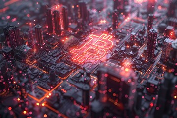 Wall Mural - Bitcoin symbol displayed in urban setting, representing digital .