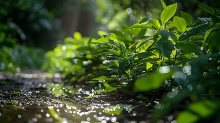 Wall Mural - The shine of wet leaves under the warm image