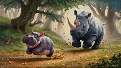 Poster - A cartoon rhino and baby elephant running through a forest, AI